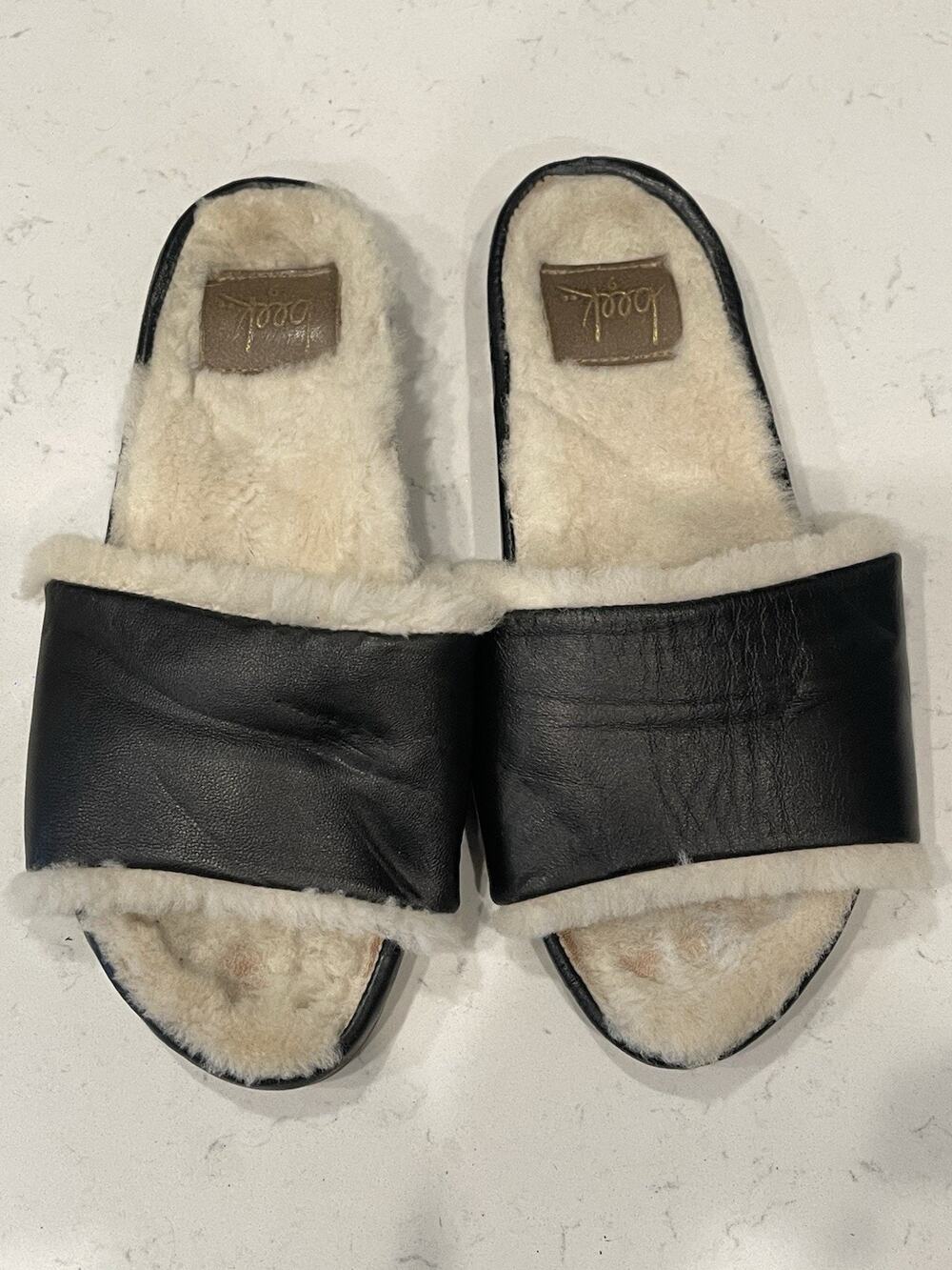 Beek Gallito Mas Shearling Slides Sandals Size 9 Black Leather